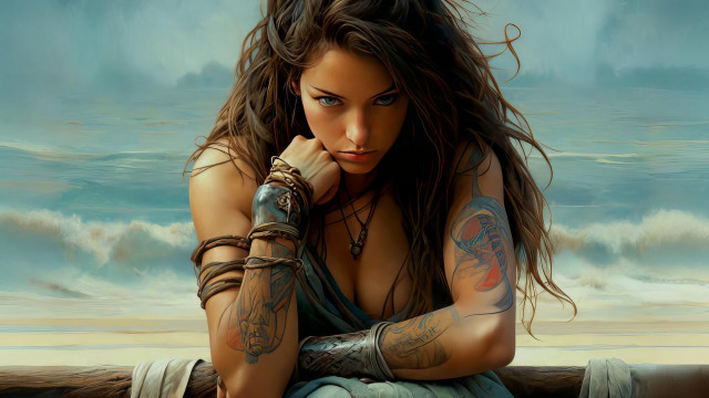 Tattooed woman ocean bench digital free wallpaper - medium preview image