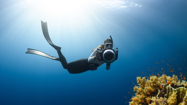 Diver fisheye underwater camera abstract free wallpaper - medium preview image
