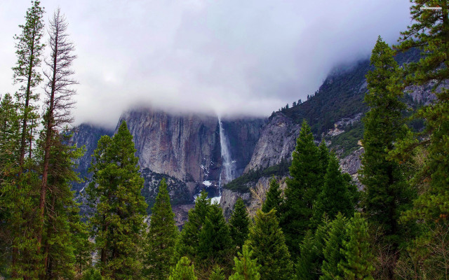 Waterfall clouds mountainside Yose Falls free wallpaper - medium preview image
