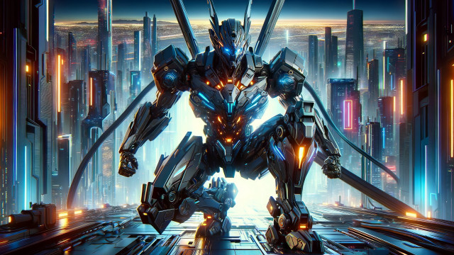 Futuristic robot mecha cityscape glowing free wallpaper - medium preview image