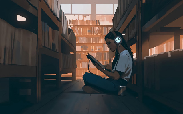 Girl sitting library headphones reading free wallpaper - medium preview image
