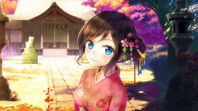 Kimono girl autumn flowers anime free wallpaper - medium preview image