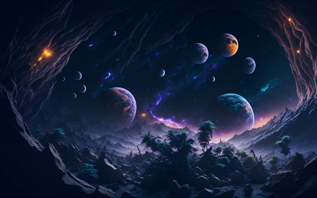 Landscape planets trees mountain night free wallpaper - medium preview image