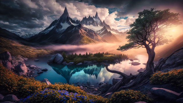 Mountain lake fantasy tree sunset free wallpaper - medium preview image