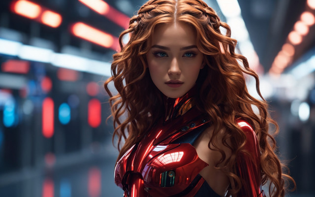 Woman red suit hallway blurry free wallpaper - medium preview image