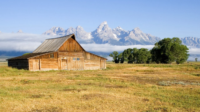 Barn mountains clouds trees landscape free wallpaper - medium preview image