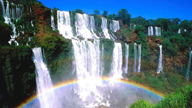 Rainbow waterfall city nature matte free wallpaper - medium preview image