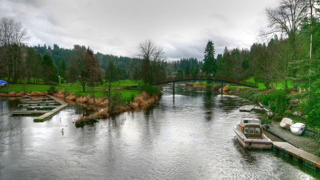 Boat bridge water trees green free wallpaper - medium preview image