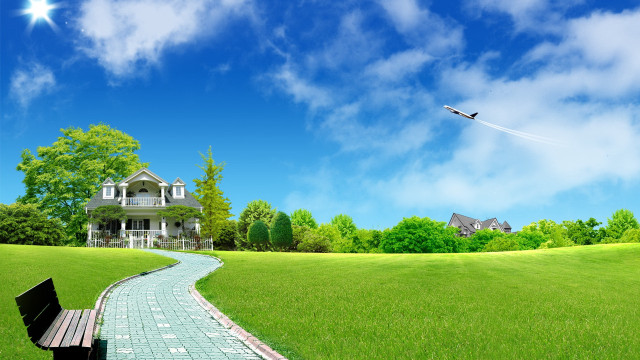 Bench brickpath field house bird free wallpaper - medium preview image