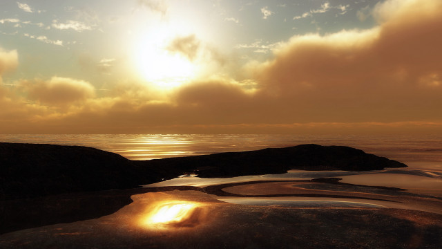 Sunset water largerock mattepainting dusk free wallpaper - medium preview image