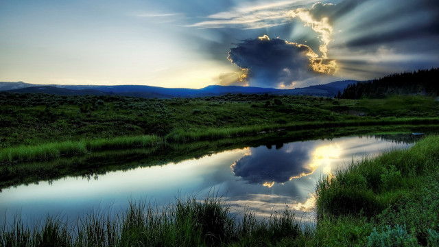 River mountain reflection sky grass free wallpaper - medium preview image