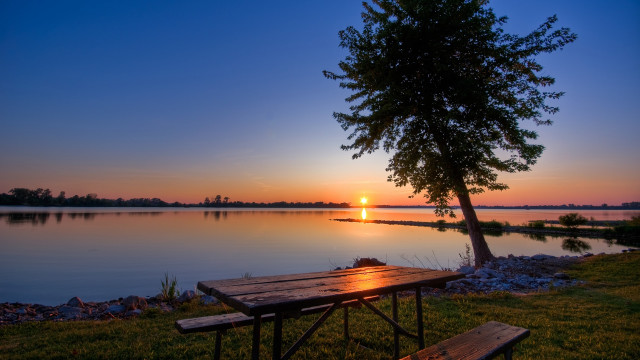 Picnic table grass lake sunset free wallpaper - medium preview image