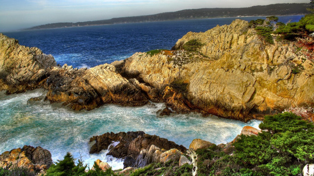 Rocky coastline water trees cliff free wallpaper - medium preview image