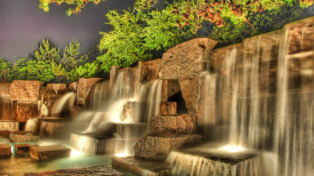 Waterfall trees night architecture bridge free wallpaper - medium preview image