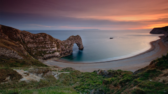Beach rock formation sunset boat #2 free wallpaper - medium preview image