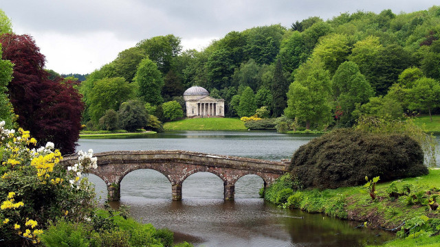 Bridge river building trees pond free wallpaper - medium preview image