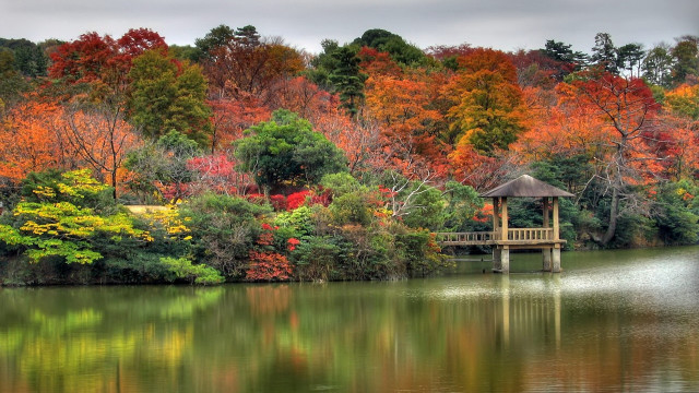 Gazebo lake trees fall bridge free wallpaper - medium preview image