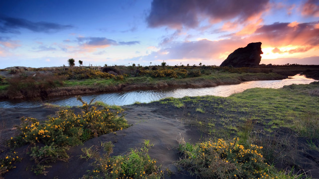 River green field cloudy sunset #3 free wallpaper - medium preview image