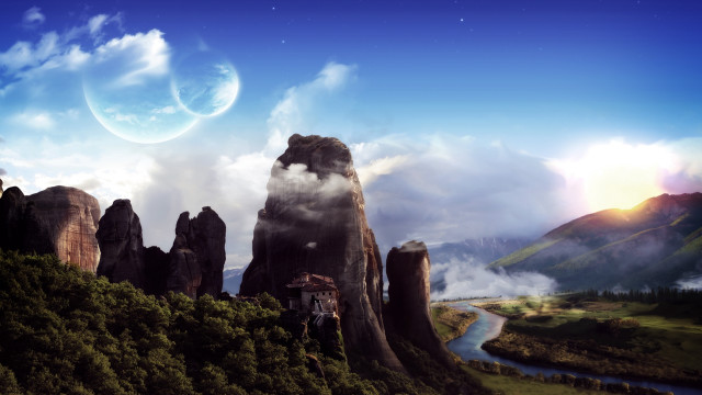 Mountain river planet moon fantasy free wallpaper - medium preview image