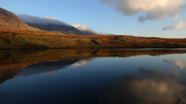 Lake mountain clouds grassy hill free wallpaper - medium preview image