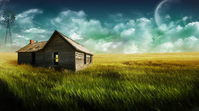 House field windmill sky moon free wallpaper - medium preview image
