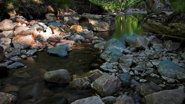Lush forest stream rocks mountains free wallpaper - medium preview image