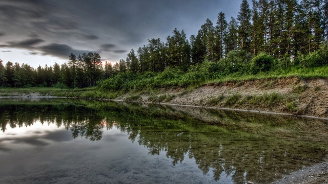 Lake hill trees cloudy sky free wallpaper - medium preview image