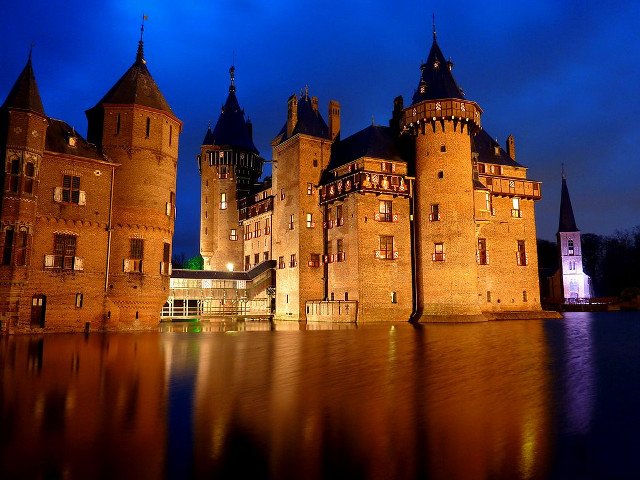 Castle clock tower night reflection free wallpaper - medium preview image