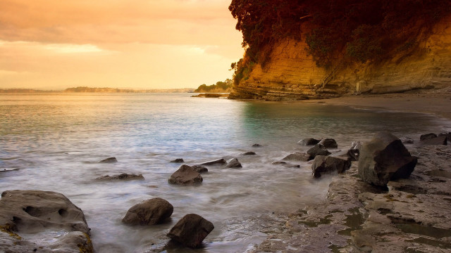 Rocky beach cliff ocean sunset free wallpaper - medium preview image