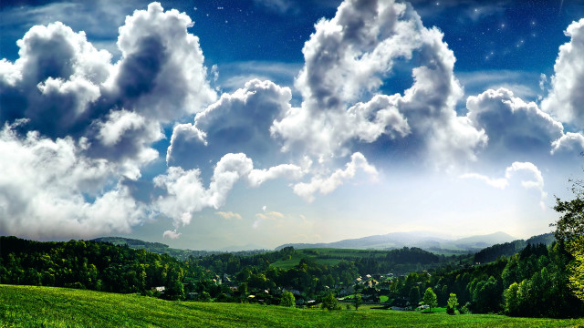 Green field clouds houses matte free wallpaper - medium preview image