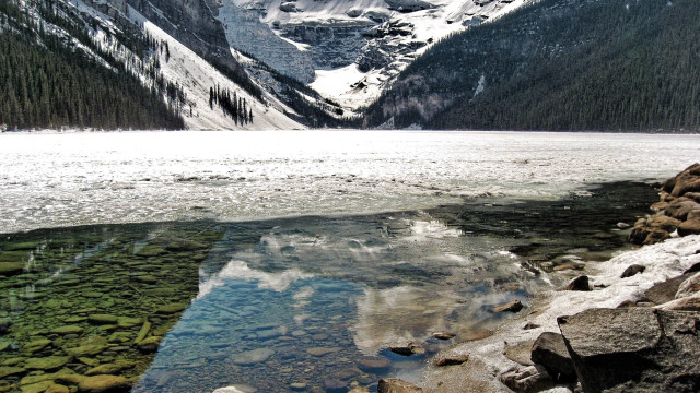Mountain lake reflection shore rocks free wallpaper - medium preview image