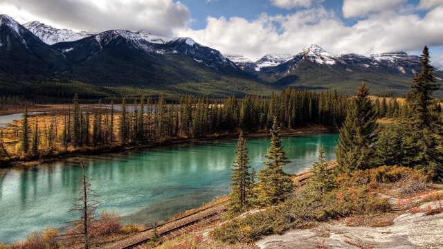 River mountains trees sky cityscape free wallpaper - medium preview image