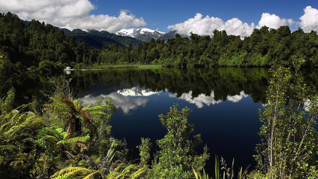 Lake trees mountains boat sky free wallpaper - medium preview image