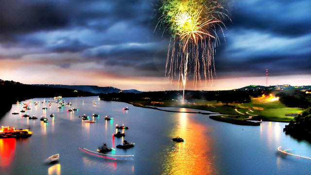 Fireworks lake boats clouds dusk free wallpaper - medium preview image