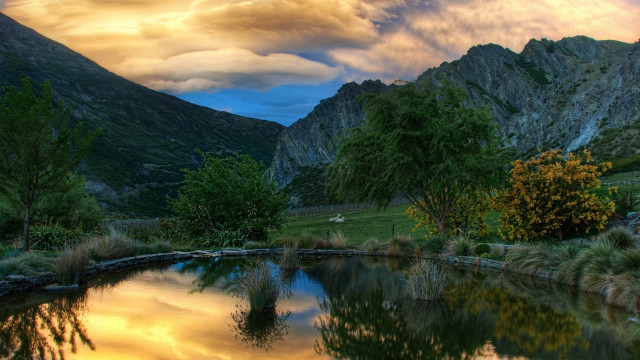 Pond mountains trees cloudy sky #4 free wallpaper - medium preview image