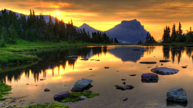 Lake trees rocks mountain sunset free wallpaper - medium preview image