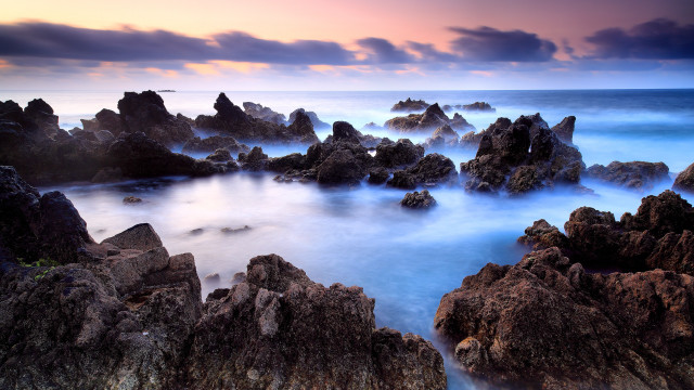 Rocky beach sunset clouds boulders free wallpaper - medium preview image