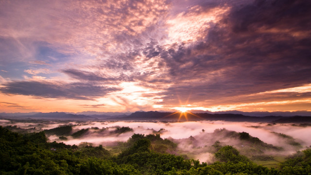 Sunset forest clouds trees distant free wallpaper - medium preview image