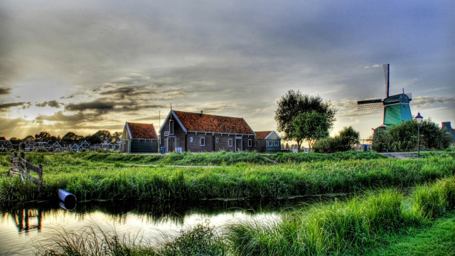 Windmill river grass boat field free wallpaper - medium preview image