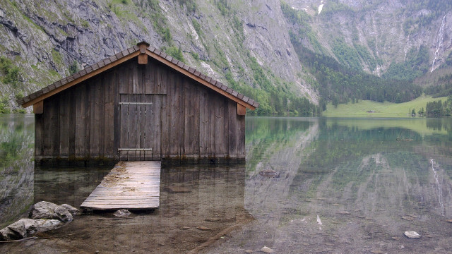 Wooden cabin lake mountain dock free wallpaper - medium preview image