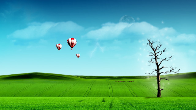 Tree field hotairballoons moon mountains free wallpaper - medium preview image