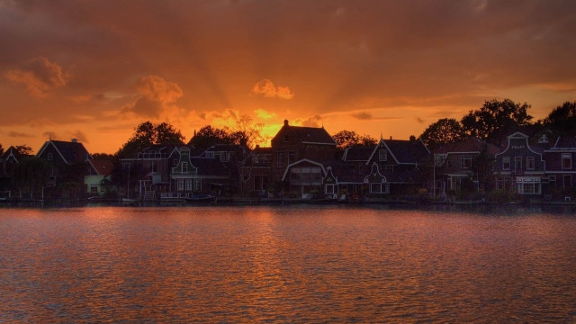 Sunset lake houses boat matte free wallpaper - medium preview image
