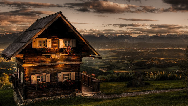 Cabin valley mountains sunset clouds free wallpaper - medium preview image