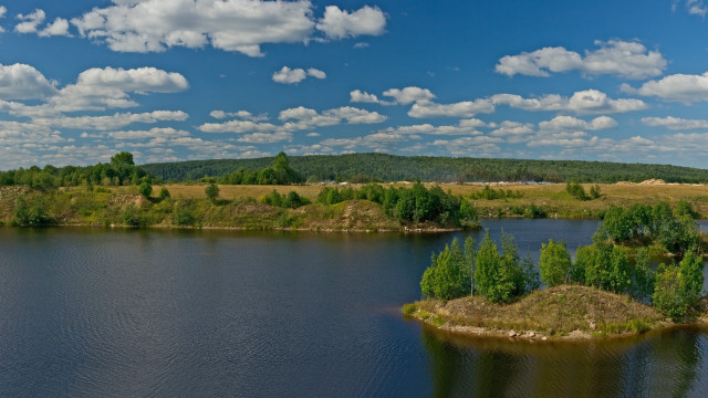 Lake trees hill clouds islands free wallpaper - medium preview image
