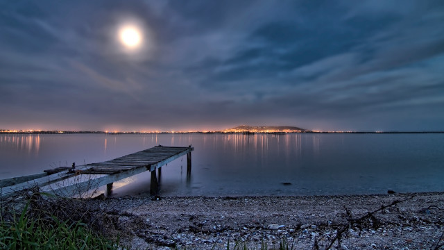 Lake moon dock clouds city free wallpaper - medium preview image