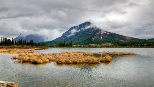 Mountain lake grass cloudy sky free wallpaper - medium preview image