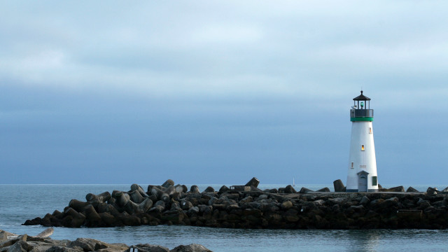 Lighthouse rock pier bird blue free wallpaper - medium preview image