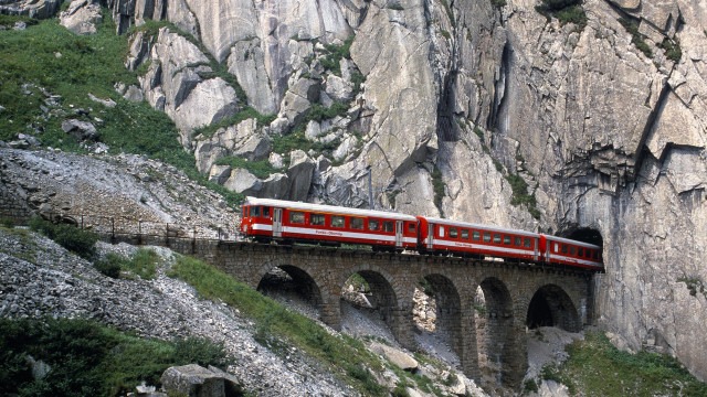 Red train bridge mountain rocks #2 free wallpaper - medium preview image