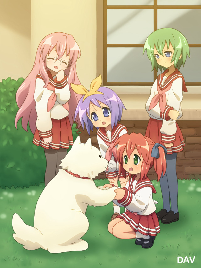 Anime girls petting dog yard free wallpaper - medium preview image