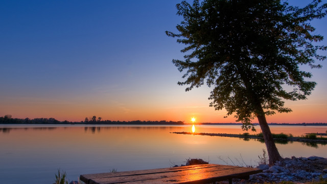 Lake sunset bench tree forest free wallpaper - medium preview image